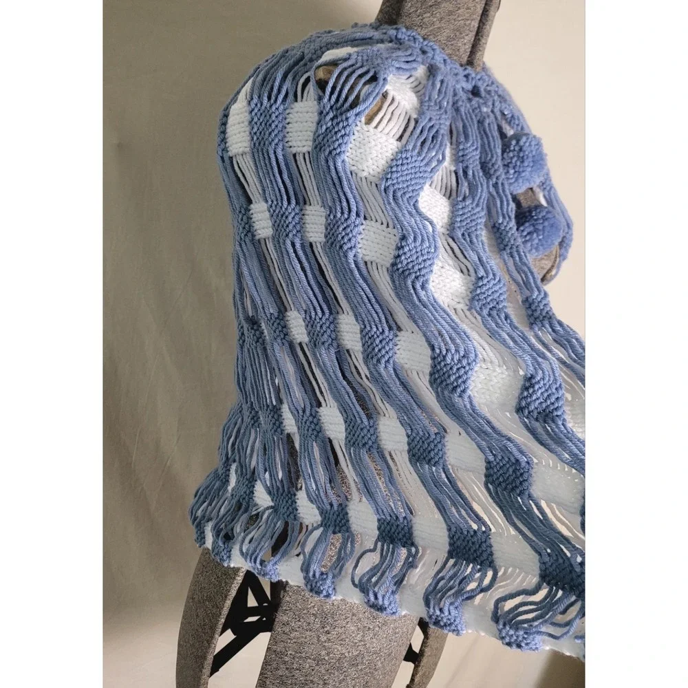Vintage 70s Handmade Crochet Blue White Cape Capelet Knit Poncho Shawl - Picture 6 of 11